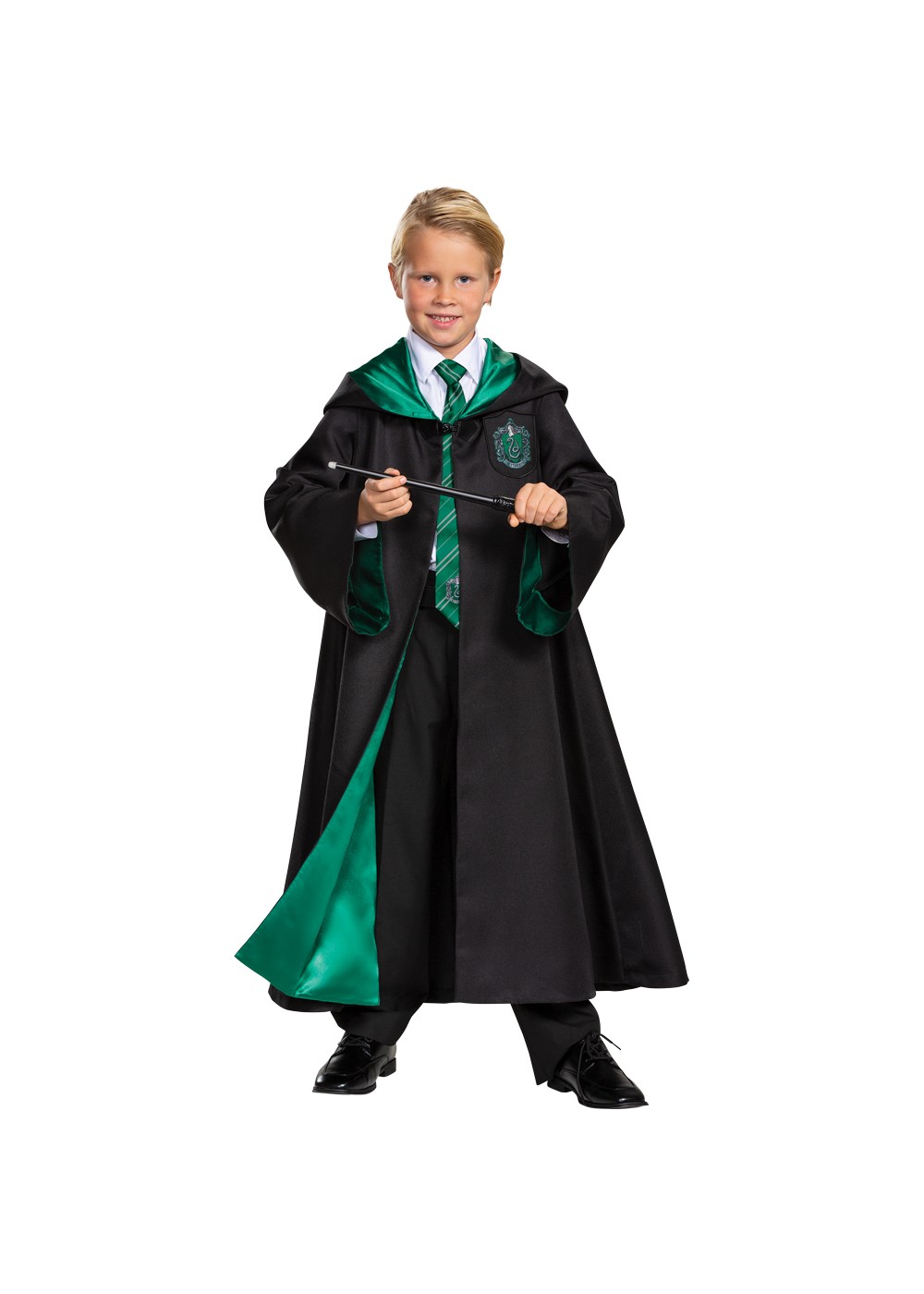 Harry Potter Slytherin Costume Black and Green Long Robe with Hood 